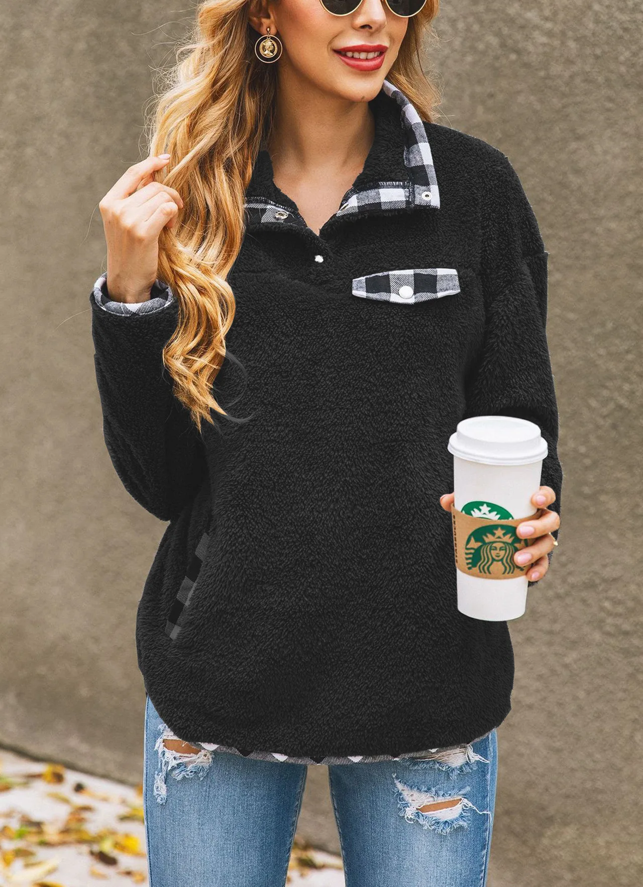 

Женский клетчатый лоскутный топ с флисовым воротником и длинными рукавами и стильный теплый топ свободного покроя