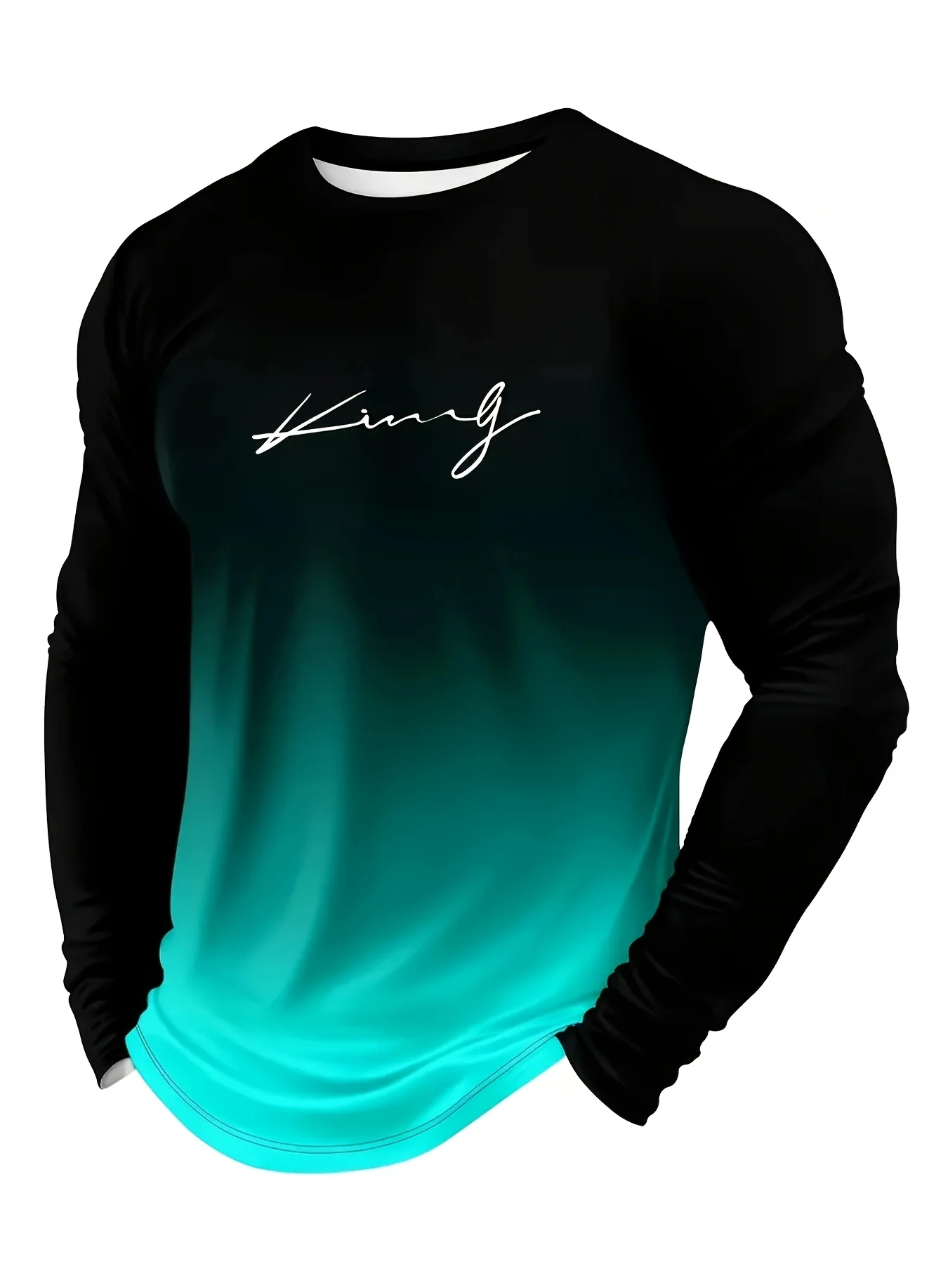 Basic Autumn And Winter Men's Casual Round Neck Long Sleeved T-shirt With Gradient Color Letter Print For Daily Wear Warm Top
