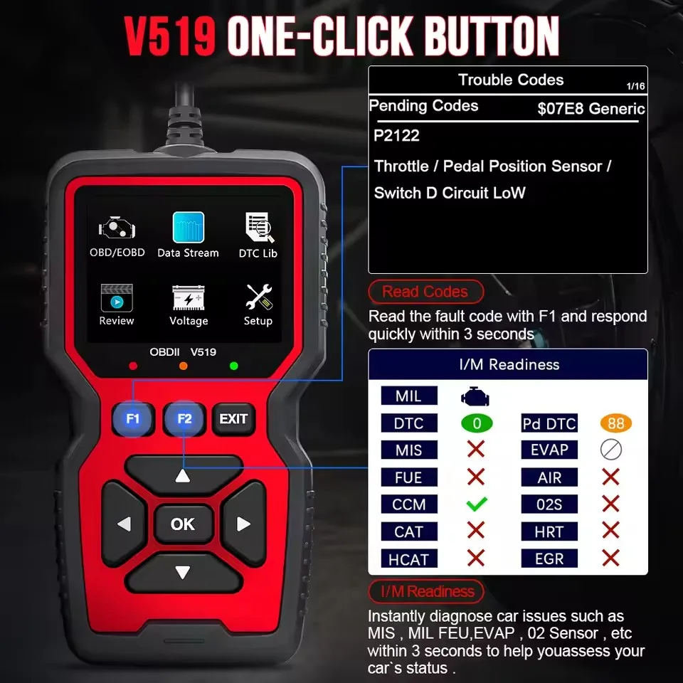 V519 OBD2 MultifunctionScanner Live Data Professional Mechanic Car Diagnostic Code Reader for Check Engine Light Battery Voltage