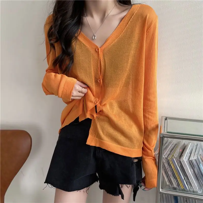 Womens Clothing Summer Korean Simple Style Comfortable Ice Silk Thin Knitwears Solid V Neck Long Sleeve Slim Fit Button Cardigan