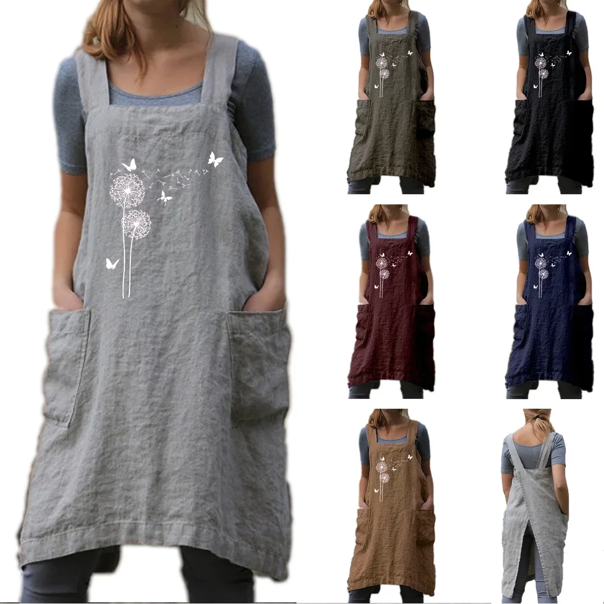 Women\'s S-4XL size Personalized printed cotton and linen apron long circumference home wear loose linen long dress