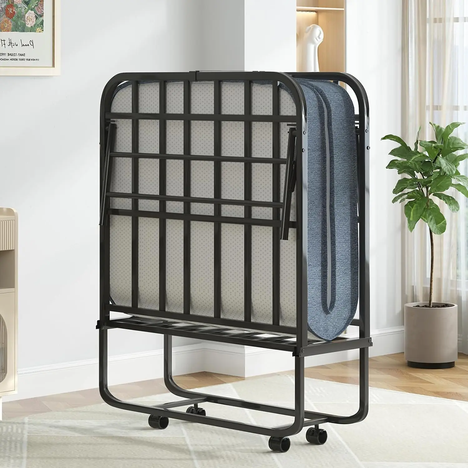 Rollaway Bed With Mattress, 5 Inch Folding Bed For Adults, Fold Up Beds With Lockable Wheels, Sturdy Metal Fold, Customized