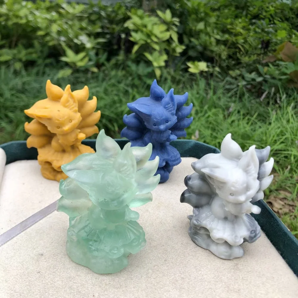 1PCS Natural Quartz Jade 7cm Nine-Tailed Fox Fairy Carving Polished Cartoon Healing Mineral Ornament for Home Decoration
