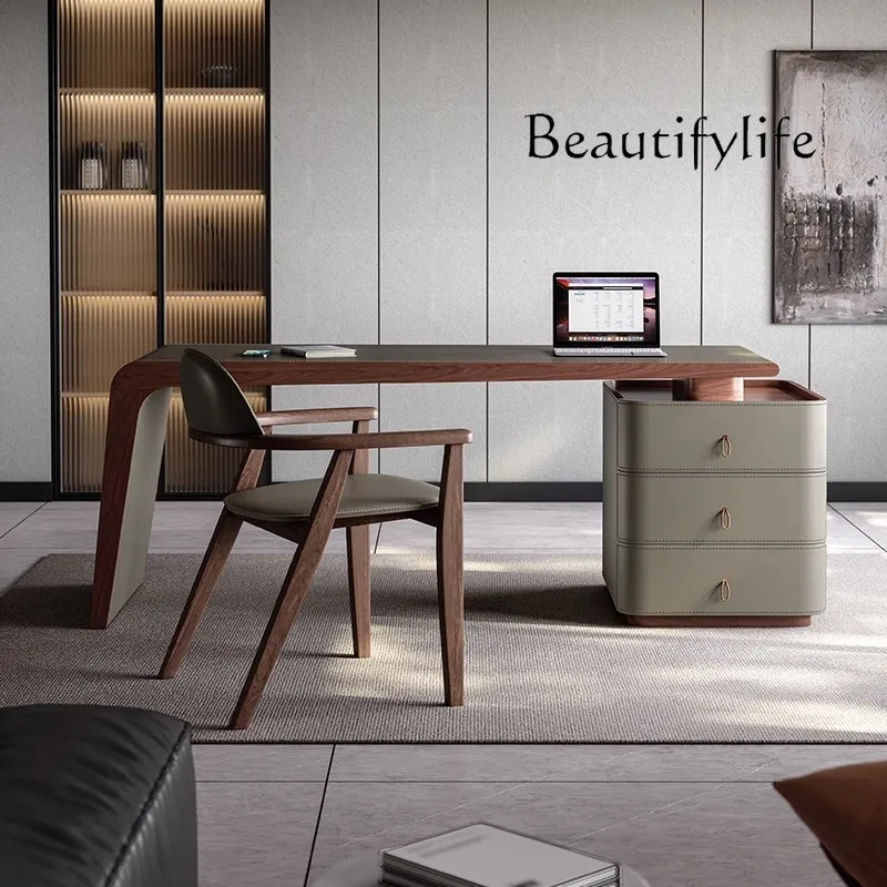 

Italian minimalist saddle leather desk light luxury modern high-end desk home solid wood computer desk
