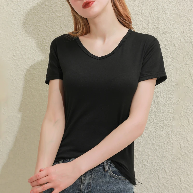 Women Solid Color V/O Neck Short Sleeve T-shirt Summer Thin Slim Harajuku Casual Daily Outdoor Ladies Tops