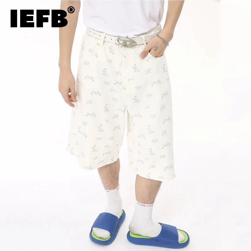 

IEFB Niche Style Men's Casual Shorts Floral Printing Bottom Straight Knee-length Wide Leg Male Trousers New Summer 2024 9C6581