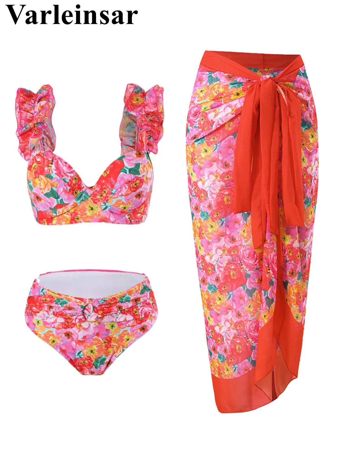 

S - XL With Sarong Flower Printed Bikini Female Swimsuit Women Swimwear Three-pieces Bikini set Bather Bathing Suit Swim V7093