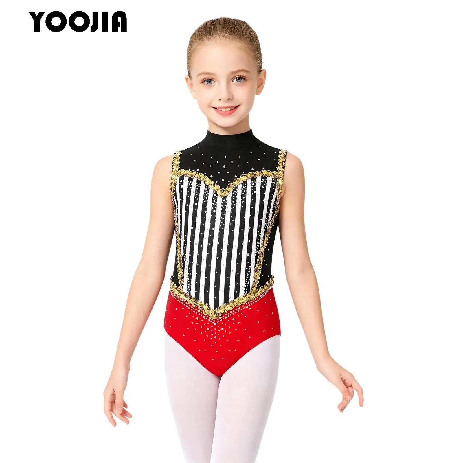 

Children Circus Costume Ringmaster Bodysuit Girls Glitter Sequin Sleeveless Striped Jumpsuit Rhinestone Gymnastic Ballet Leotard