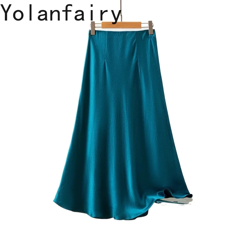 

YOLANFAIRY 100% Mulberry Silk Ladies Skirts Elegant Streetwear Satin Fish-shaped Women Skirt Malachite Blue Skirt Clothes Woman