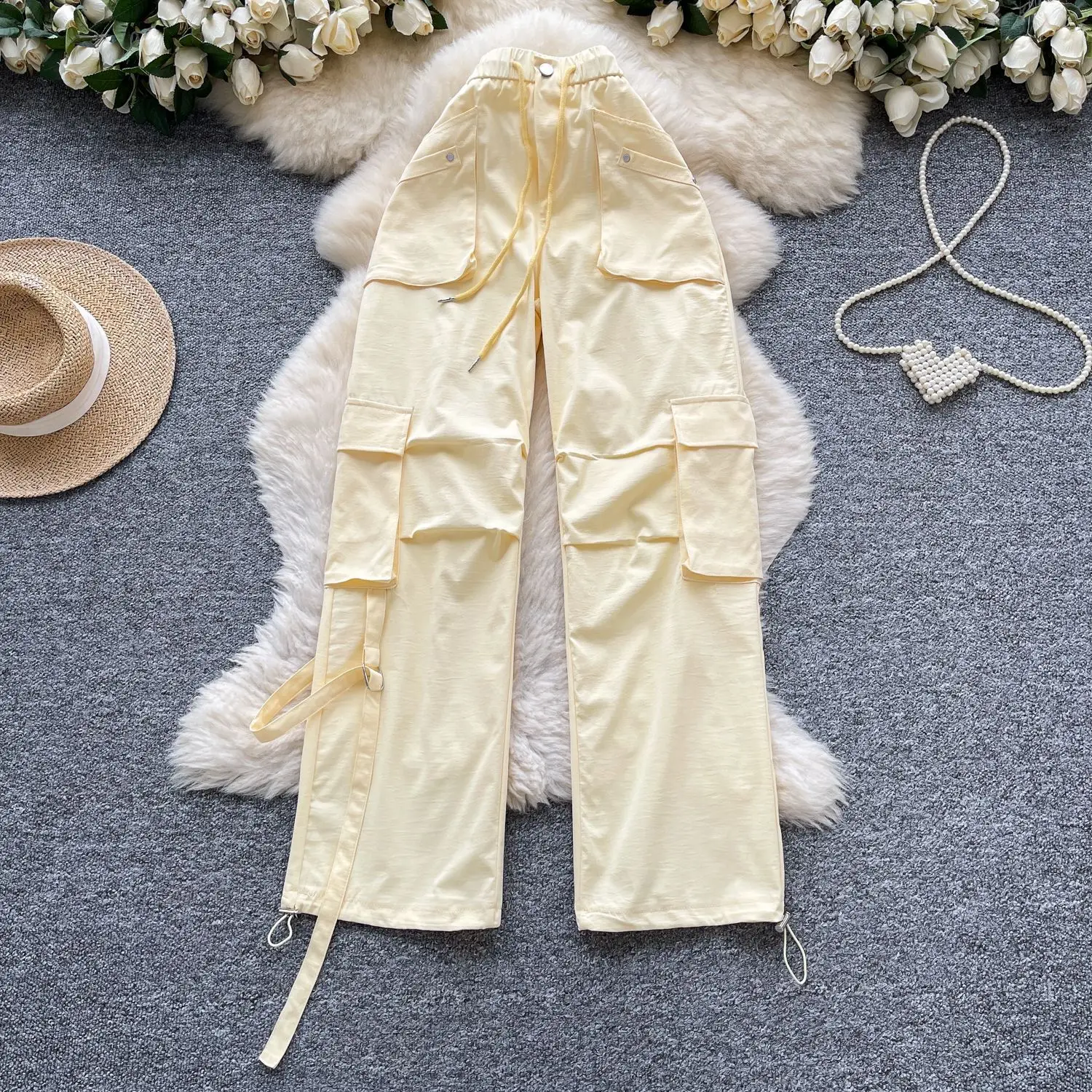 Cargo Pant Women Wide Leg Long Pants Lace Up High Waist Straight Trousers Y2k Streetwear Elegant Splice Work Casual 2025 Summer