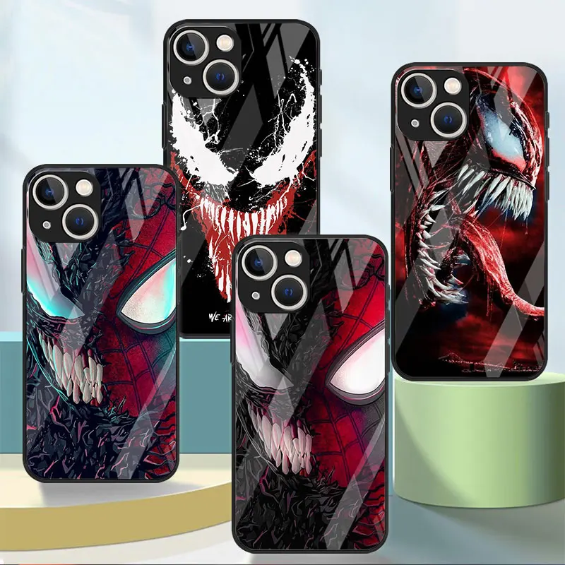 베놈 마블 슈퍼 히어로 케이스, 애플 아이폰 XR 14 플러스 8 13 프로 맥스 11 프로 12 미니 XS X 7 6S SE 14 강화 유리 쉘 커버