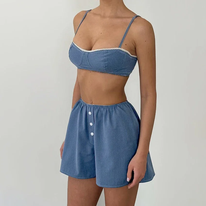 

Summer 2025 crop top pajamas with high waisted shorts 2-piece set, casual spaghetti strap top, pajamas, home shorts set