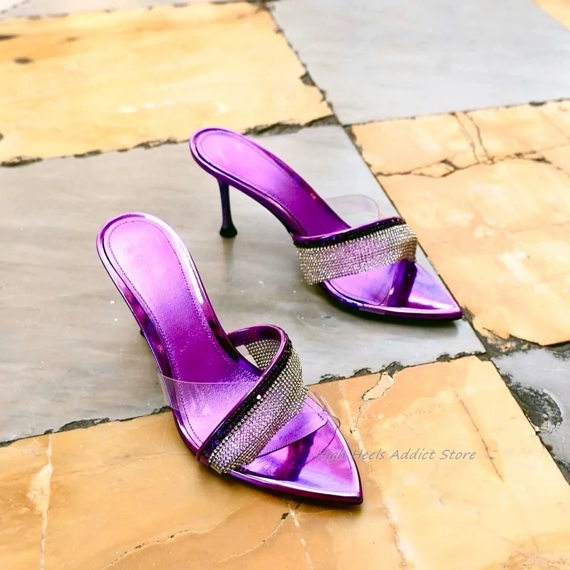 

Crystal Pvc Clear Pointed Toe Slippers 2024 New in Women Metallic Leather Sliver/Purple High Heels Party Luxury Designer Shoes