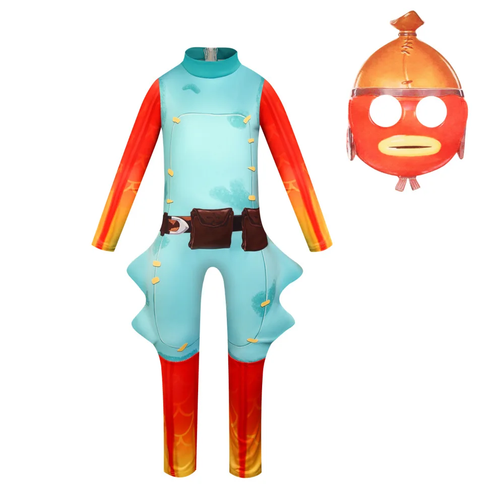 New Halloween Kids Fish Jumpsuit Cosplay Costume Boys Girls Romper Fish Stick Carnival Clothes Bodysuit with Mask Christmas Gift