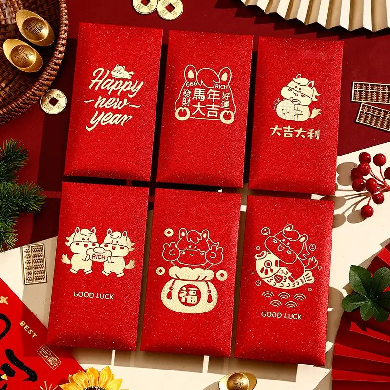 

6 шт. 2026 год лошади красные конверты, милый мультяшный дизайн пони, лунный Новый год, счастливые денежные пакеты