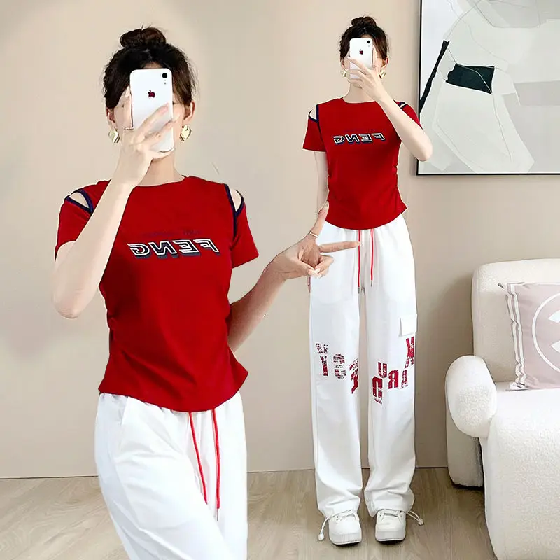 Drag Dance Sports Leisure Set Women's Summer New Slim Short Sleeve+Fashionable Wide Leg Pants Two Piece Set Trendy