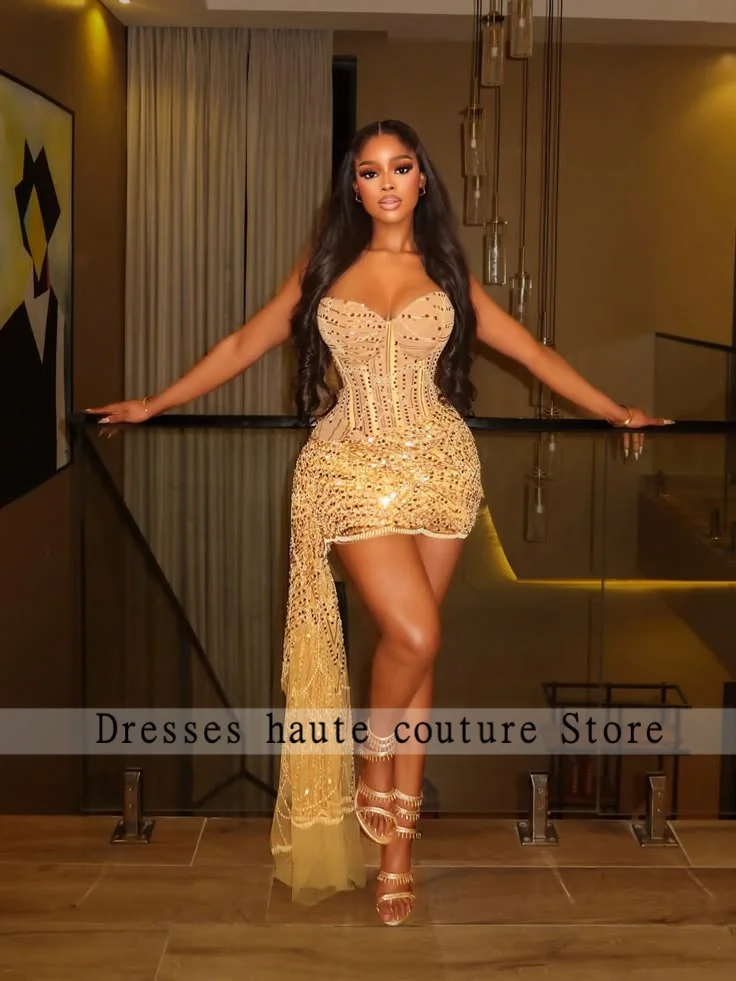 Gold Strapless Corset Sequin Beaded Mini Dress With Side Tassel For Prom Birthday Cocktail Party Club Night Formal Customized
