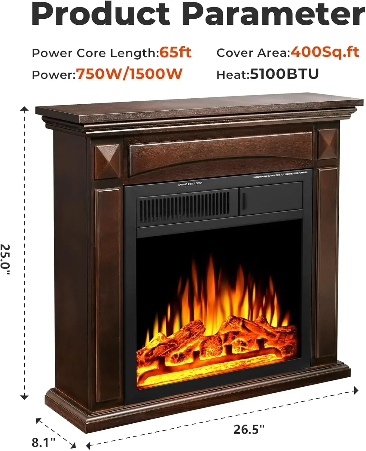 27” Electric Fireplace Mantel Wooden Surround Firebox, TV Stand with Freestanding Electric Fireplace,Remote Control