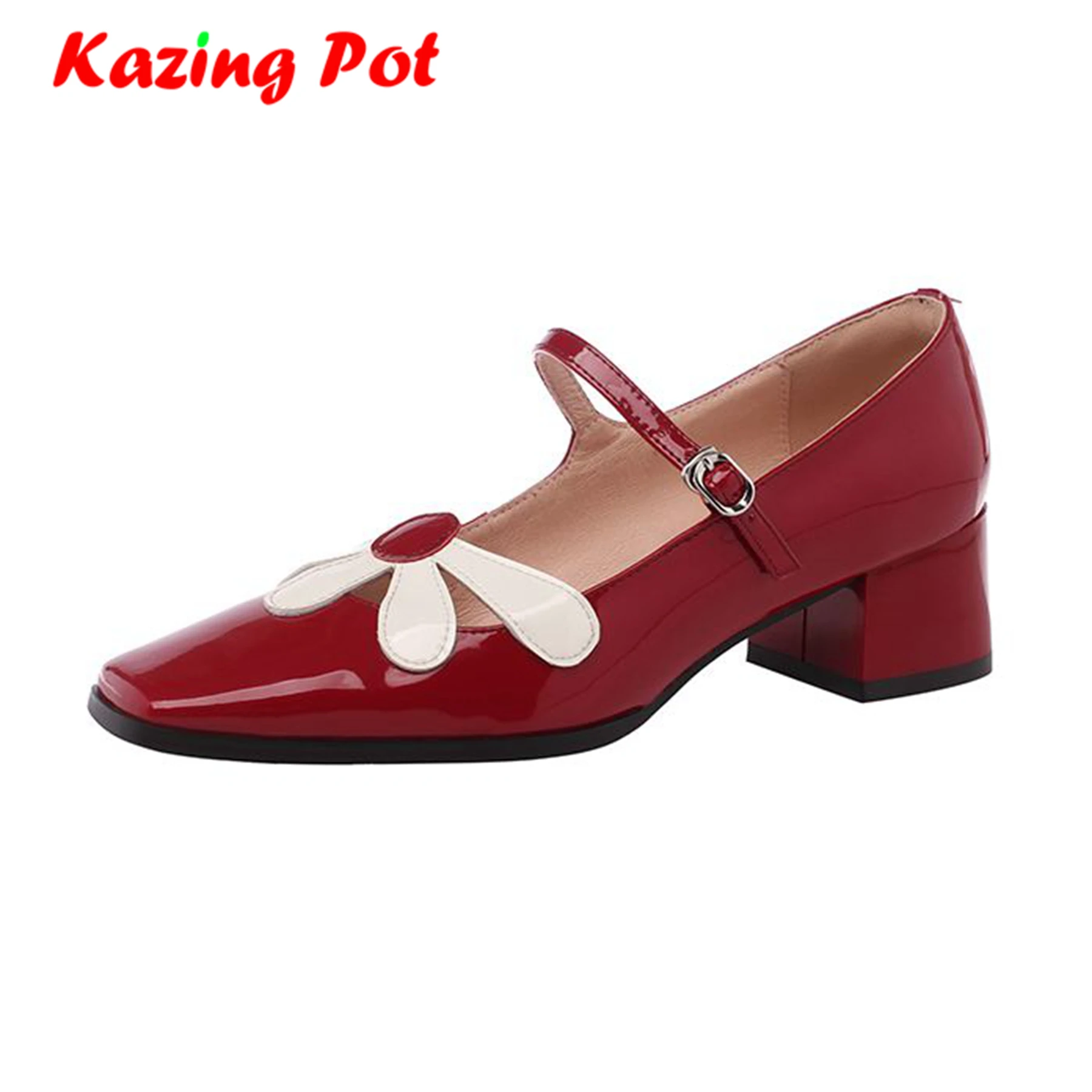 Krazing Pot Sheepskin Med Heels Square Toe Flowers Gorgeous Metal Buckle Straps Fashion Gladiator Women Dress Mary Janes Pumps