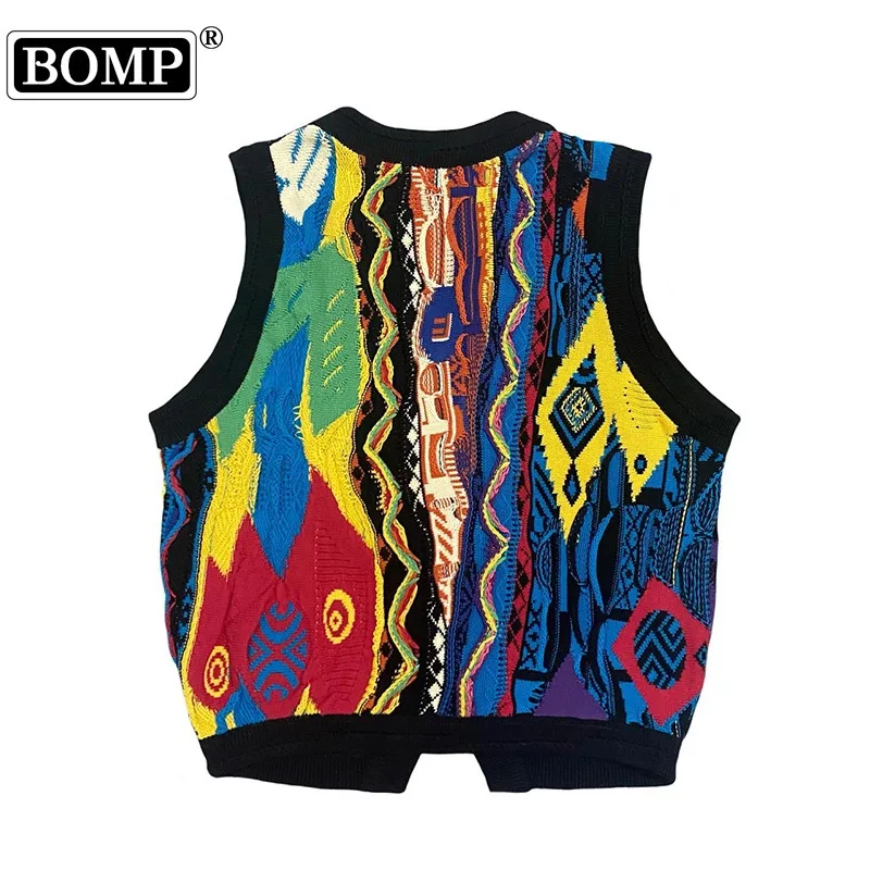 [BOMP] Autumn Vintage Bitter Melon Pattern Contrasting Jacquard V-neck Vest New Fashion