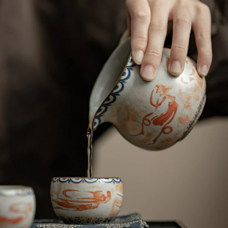 

Chinese Style Ru Kiln Ceramic Tea Set Retro Cover Bowl Tea Cup Teapot Personal Tea Cups Bowl Kung Fu Household Teaware Ceremony