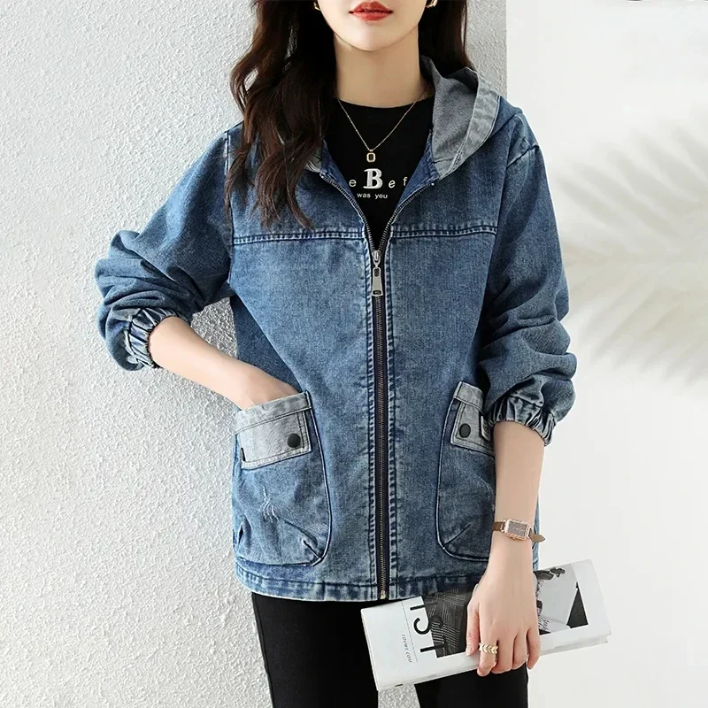 New Splicing Zipper Female Cowboy Overcoat 2025 Spring Autumn Women’s Denim Jacket Large Size Hooded Ladies Jeans Coat