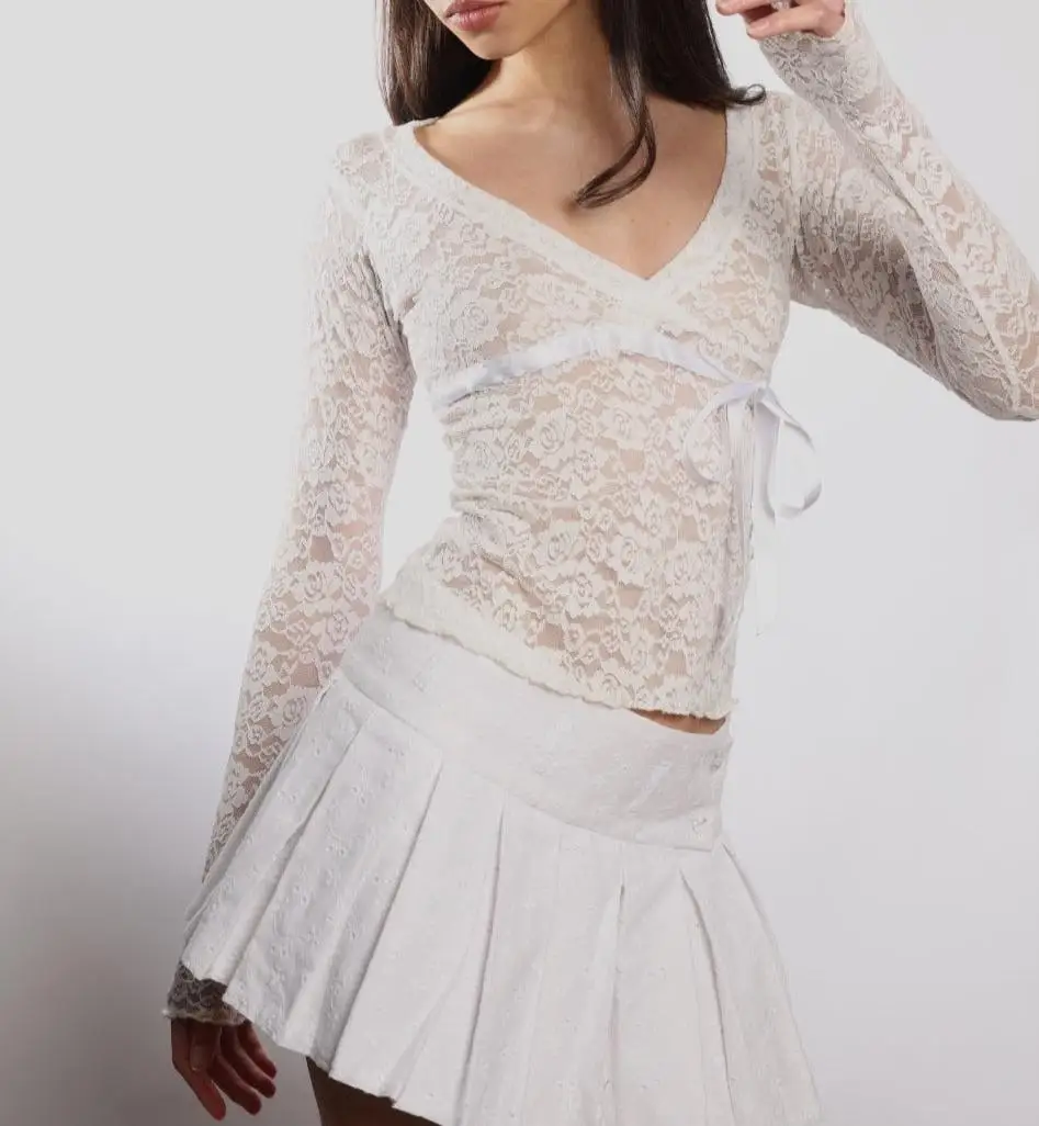 Womens Floral Eyelet Lace Shirt Sexy V Neck Long Sleeve Shirts See-Through Lace Sexy Women Clothing Blusas Para Mujer S M L