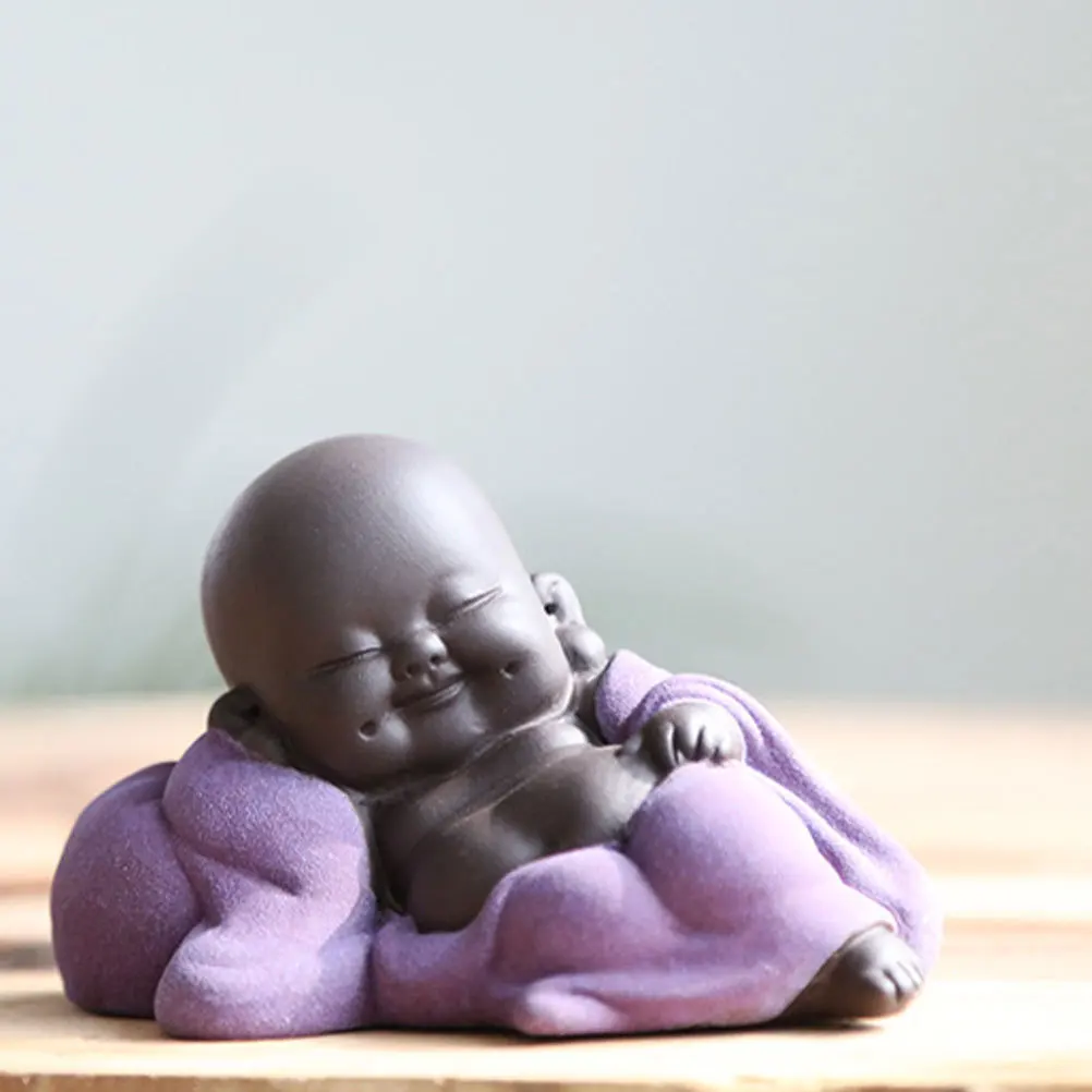 

Ceramic Purple Maitreya Buddha Statue Hand Carved Tea Sculpture Leisurely Comfortable Style Stable Base Home Tea Ceremony