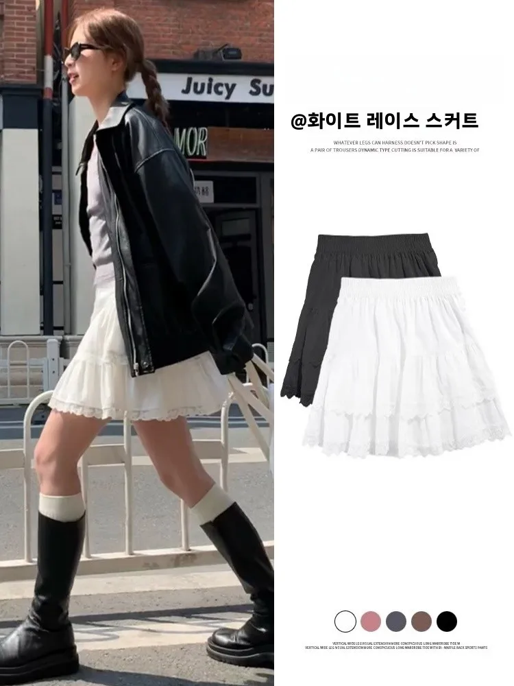 

Белая кружевная отделка, юбка-тортик, женская пышная юбка трапециевидной формы с высокой талией для похудения, весна-осень, новая юбка длиной до пола