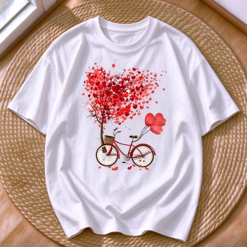 Love Tree Bicycle Print T Shirt Women Casual Short Sleeve Round Neck Unisex Tee Summer Valentine Gift Tops Y2k Top Harajuku