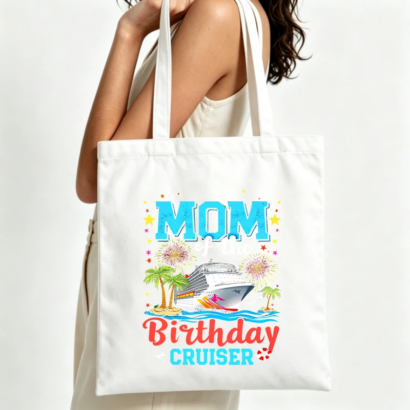 Women's cruise ship and palm tree graphic canvas tote bag with letter print, ideal for summer birthday celebrations and casual