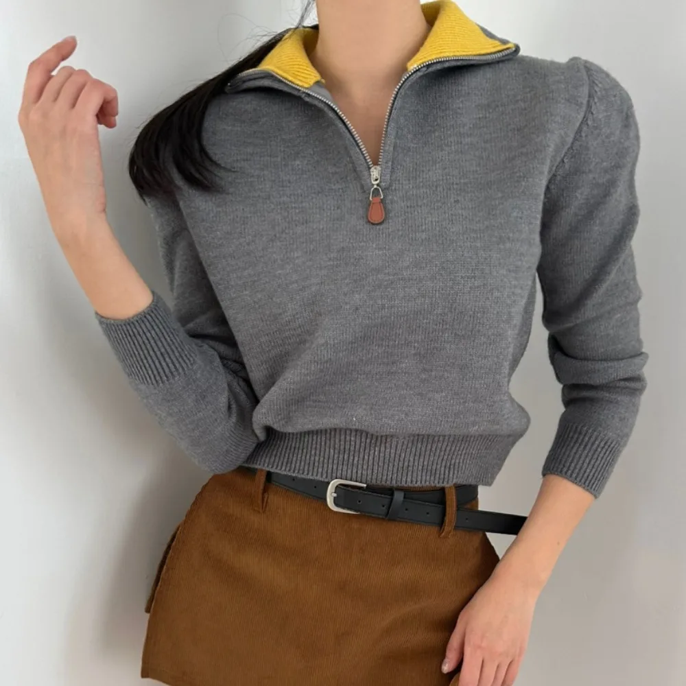 Chique Casual Lange Sve Dameshoodie Kleur Blo Kraag Gebreide Top Koreaanse Sle Herfst Winter Nieuwe collectie Veelzijdige f Zip