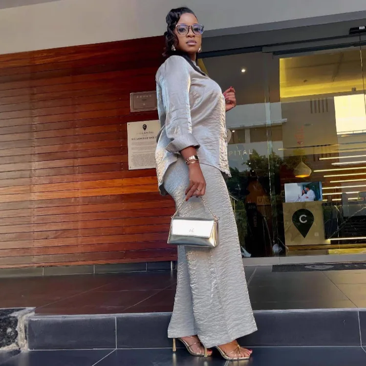 Conjunto informal de dos piezas para mujer, camisa y pantalones con cuello vuelto, manga larga, Color sólido, elegante, verano