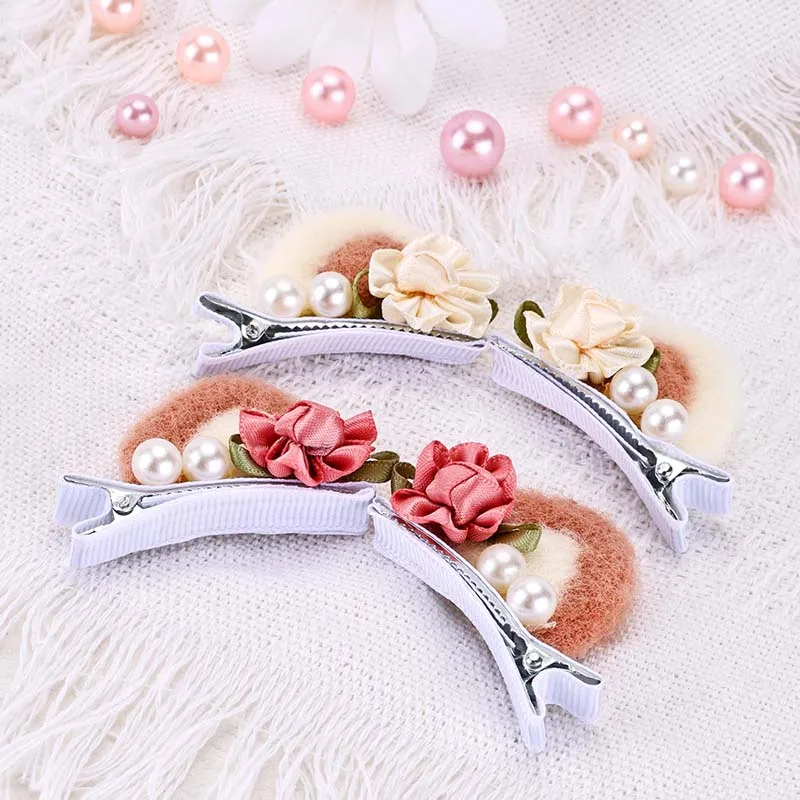 Oaoleer 4Pcs/set New Cat Ear Hair Clip For Girls Cute Felt Fabric Flower Hairpin with Pearl Kids Barrettes Baby Hair Accessories