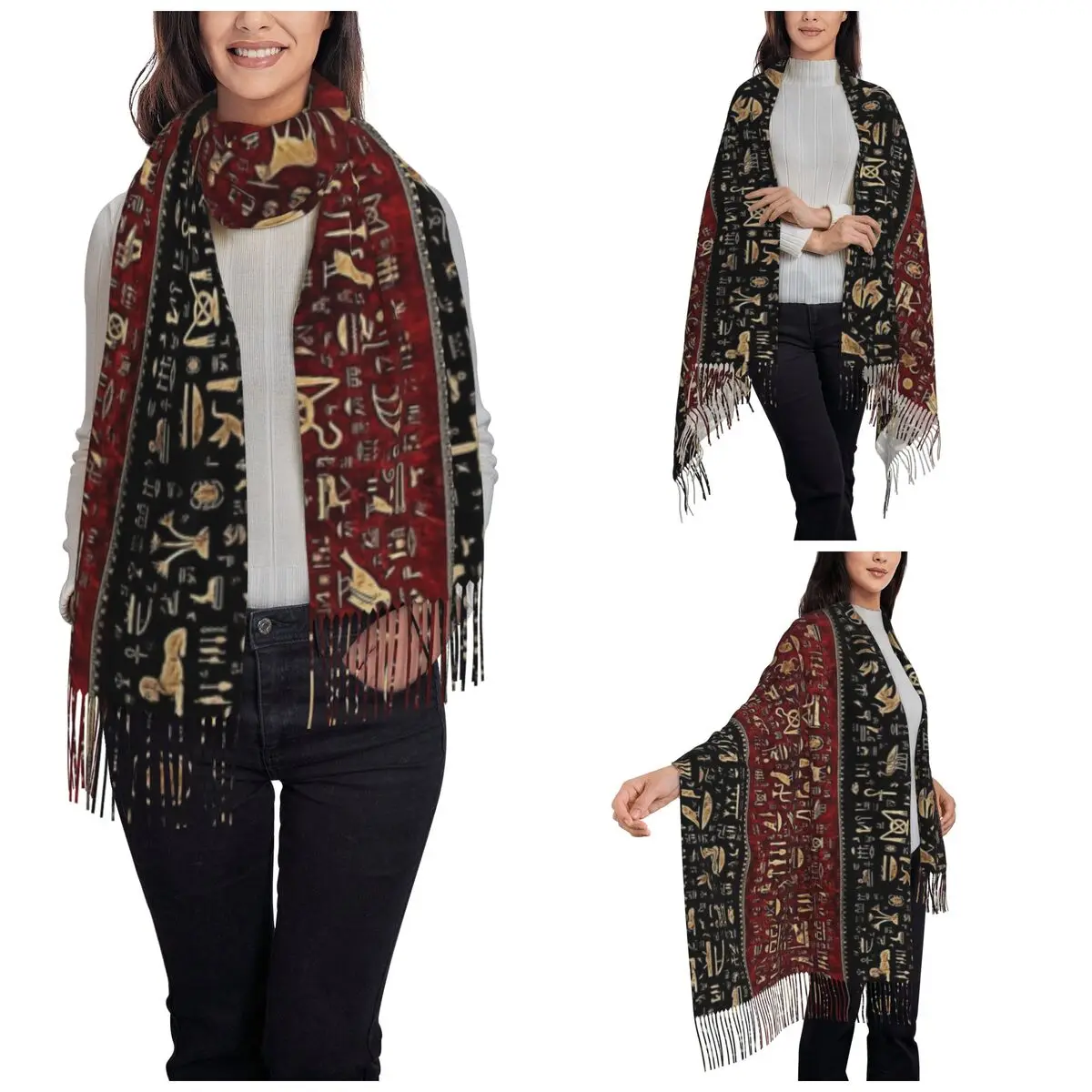 Womens Tassel Scarf Egyptian Hieroglyphs Large Winter Fall Shawl and Wrap Ancient Egypt Gifts Cashmere Scarf