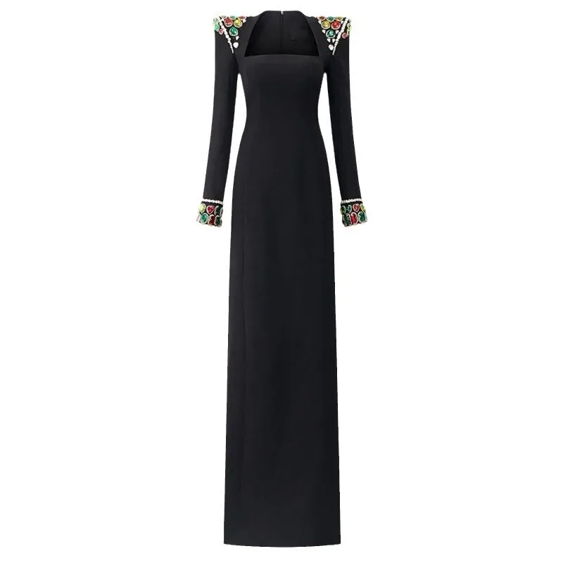 HKSH الخريف المرأة الأمريكية مزاجه أنيقة ألف خط فستان الثقيلة الحرفية الماس رصع فستان بكم طويل ثوب رسمي Ins HK8655