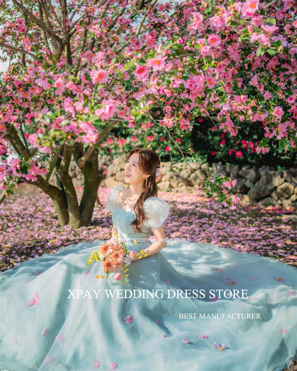 XPAY abito da sera verde corea con collo quadrato una linea manica corta abito da festa formale servizio fotografico abito da gioco su misura senza schienale