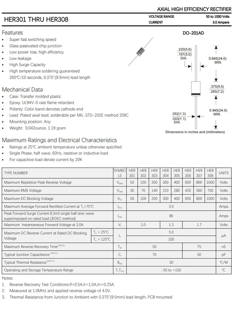 HER302/303/304/305/306/307/308 HER503/504/505/506/507/508 Direct insertion fast recovery rectifier diode DO-27 20PCS