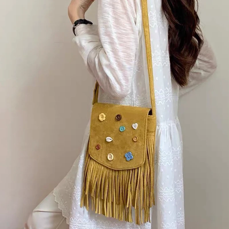 

Suede Tassel Bag New Niche Design Boho Style Vacation Travel Original Button Women's Mini One-Shoulder Crossbody Mobile Bag