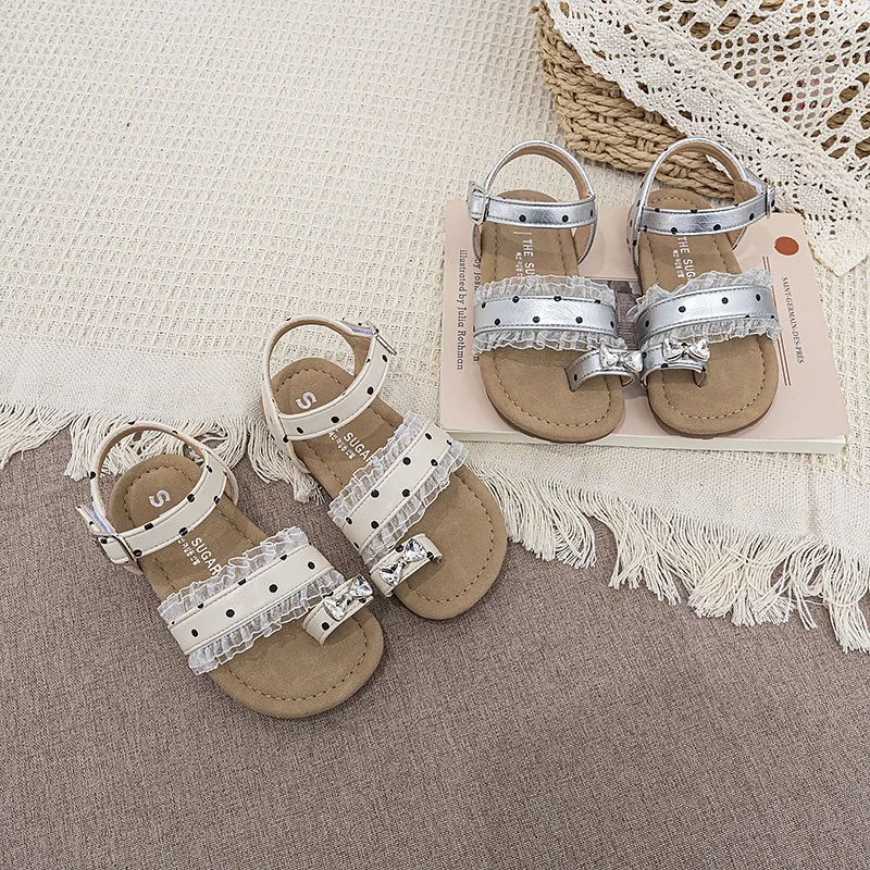 

Girls Sandals Sweet Lace Polka Dots Kids Beach Shoes Soft Bottom Non-slip 2026 Summer New Children Princess Shoes Casual Trendy