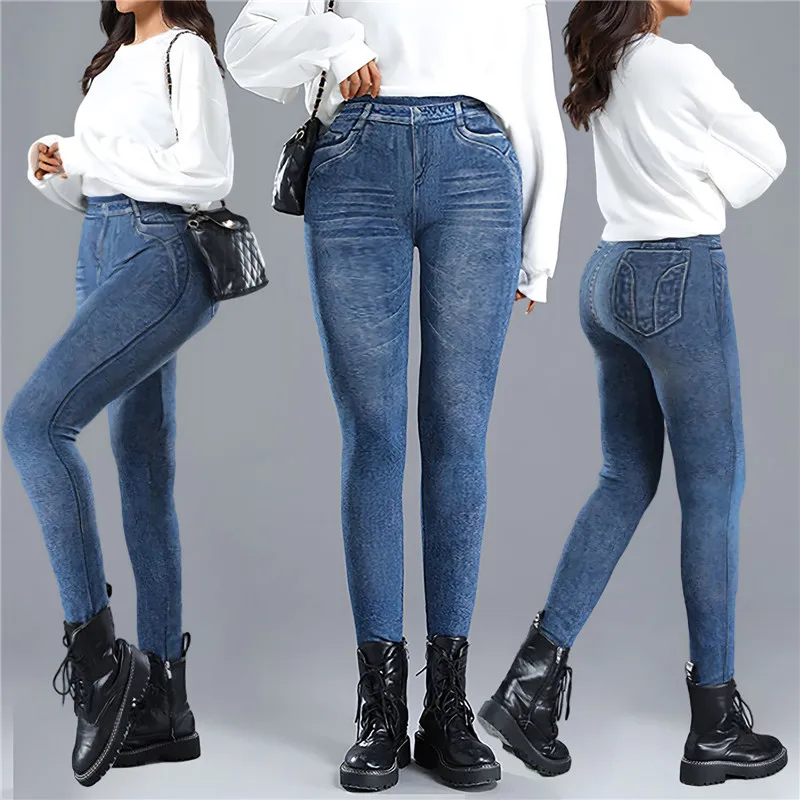 

Waist Warm Velvet Leggings Autumn Winter Slimming Tights Women Thin Fleece Imitation Denim Pants Stretchy High