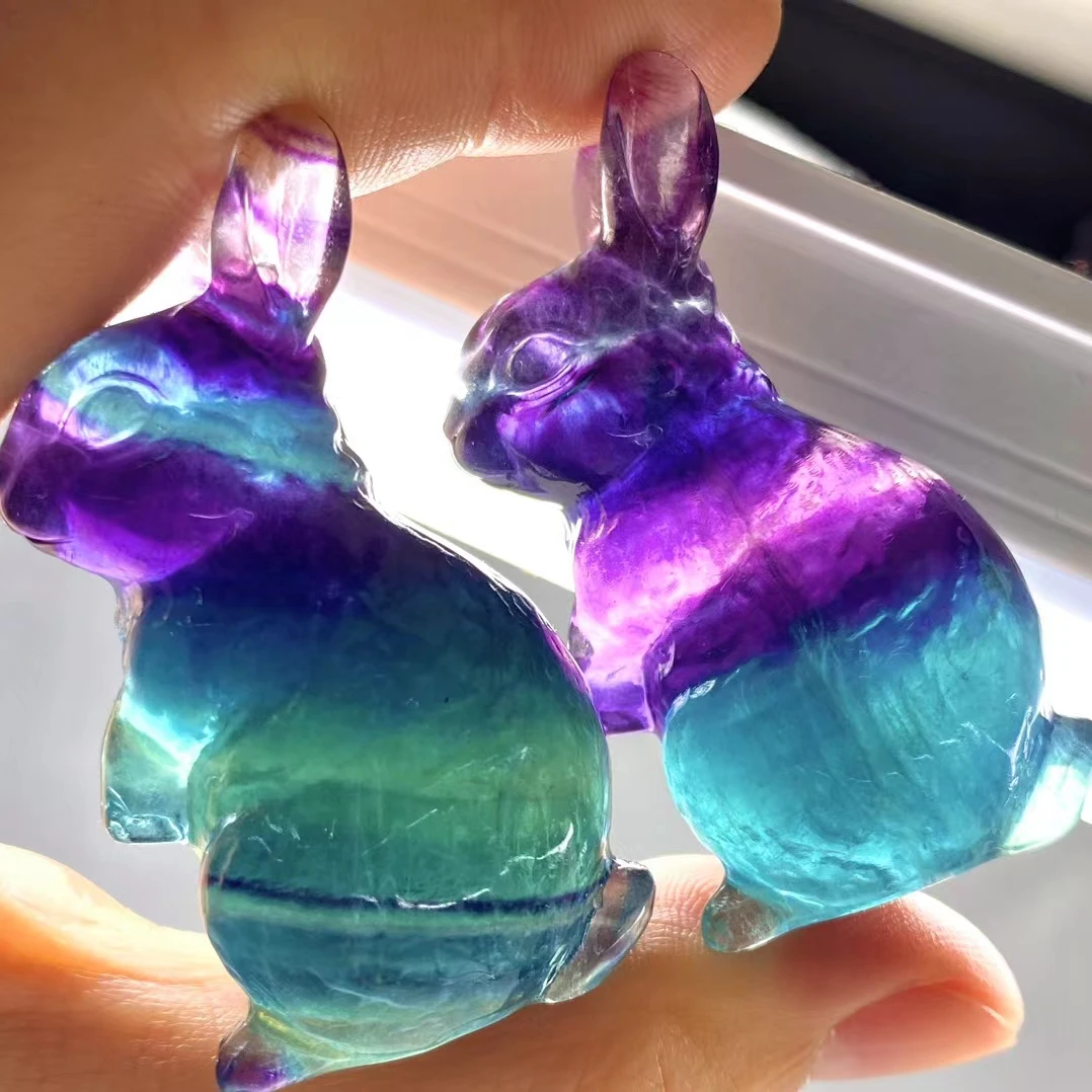 Natural Quartz Rainbow Fluorite Rabbit Crystal Animal Fish Tank Landscaping Carving Healing Christmas Home Decoration Gift