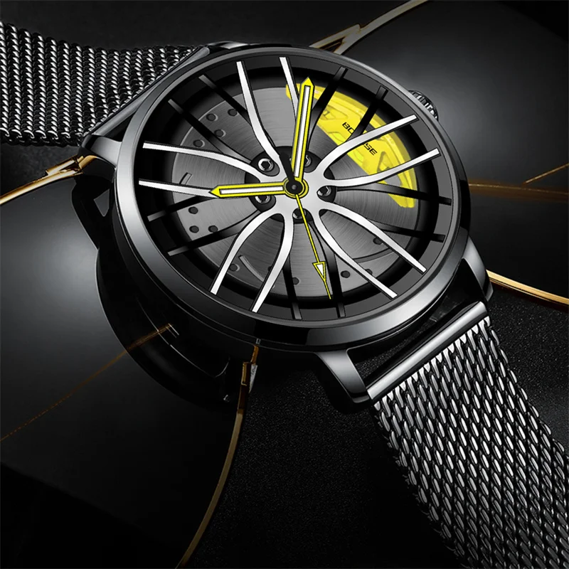 BORUSE Fashion Men\'s Car Wheel Watches Luminous Clock Luxury Men Mesh Belt Waterproof Quartz Watch relogio masculino