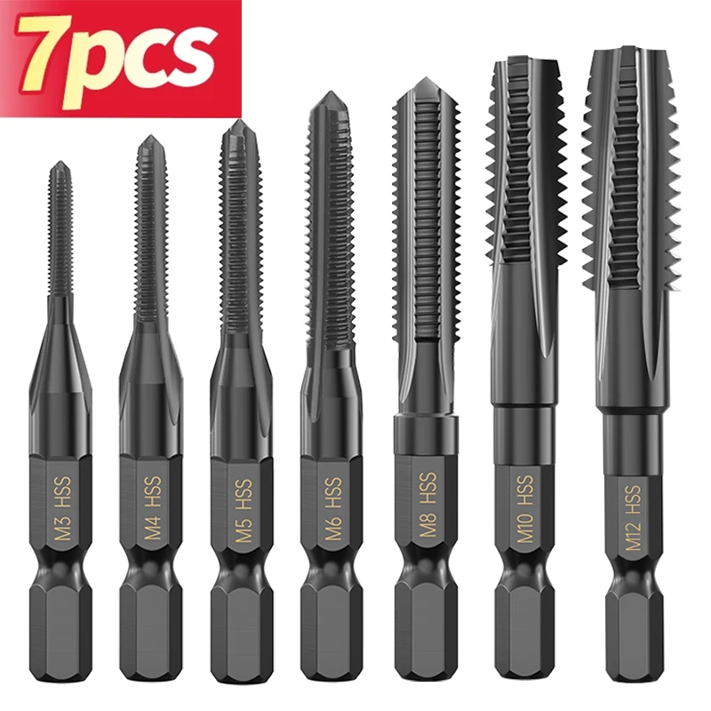 HUHAO 7PCS Hex Shank Straight Flute Tap Set for Stainless Steel Cast Iron M3 to M12 6542 High Speed Steel Thread Tap Set