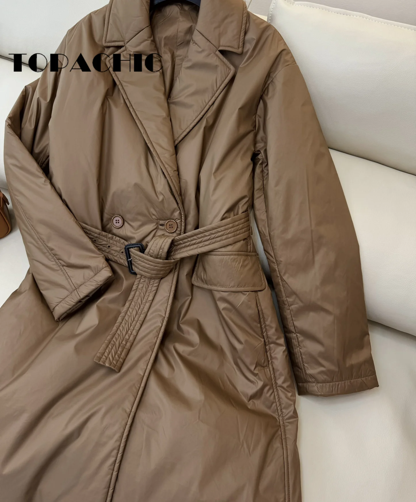 8.28 TOPACHIC-Women Solid Camel Down Lapel Collar Parkas Elegant Double Breasted Sashes Collect Waist Keep Warm Long Outerwear