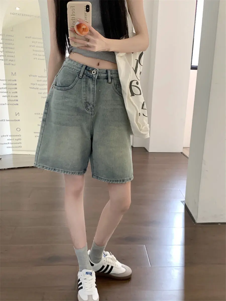 

Light Blue Denim Shorts Women Summer Thin High-Waist Loose Straight Cropped Pants