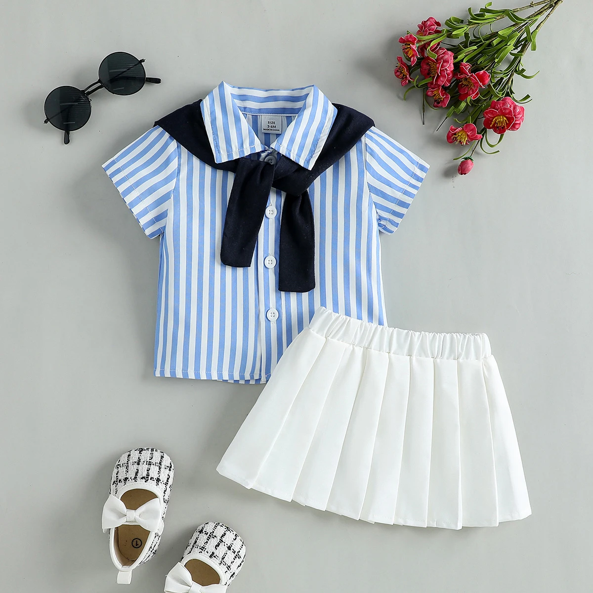 2025 Summer New Striped Shirt, Shawl and Solid Pleated Skirt Casual Three-Piece Set