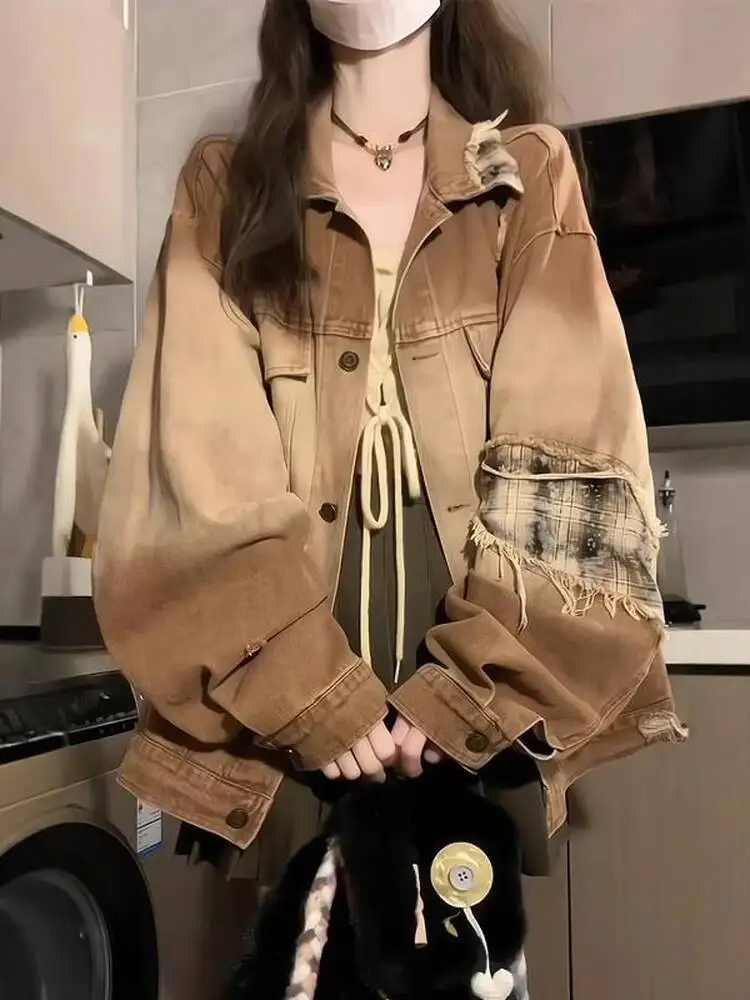 Women's Denim Jacekt 2025 New Autumn Retro High Street Denim Cardigan Lazy Chic Cargo Style Loose Workwear Outerwear