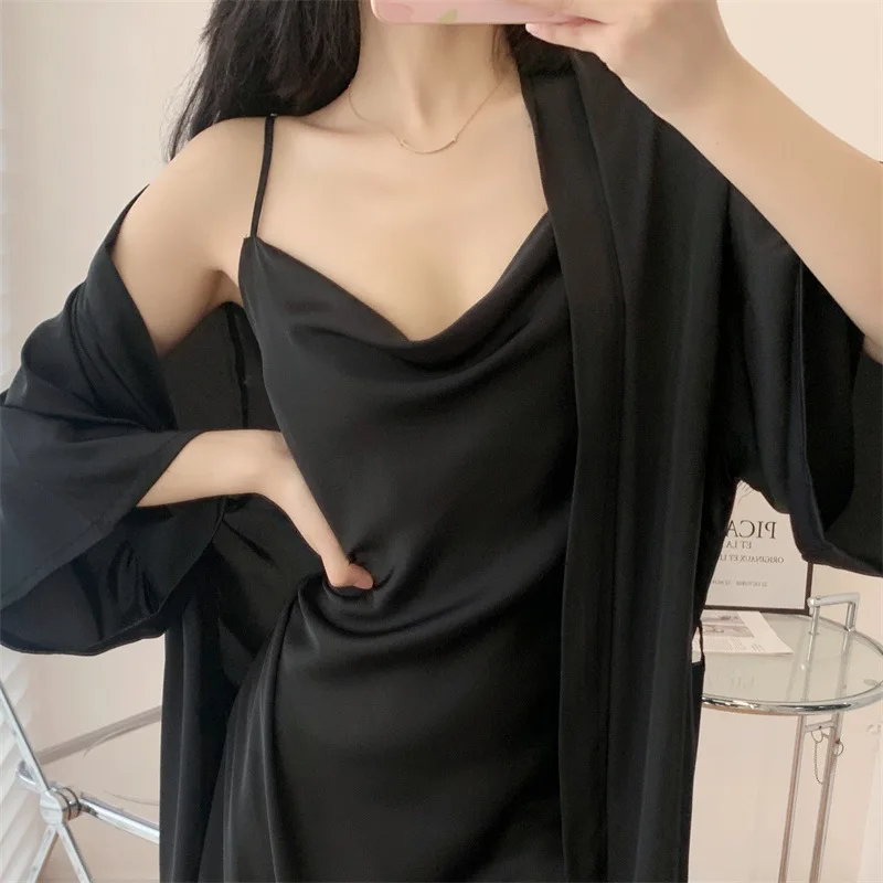 2PCS Women Nighty&Robe Set Summer Bathrobe Nightdress Sleep Suit Lace Kimono Gown Lingerie Satin Sleepwear Nightgown Homewear