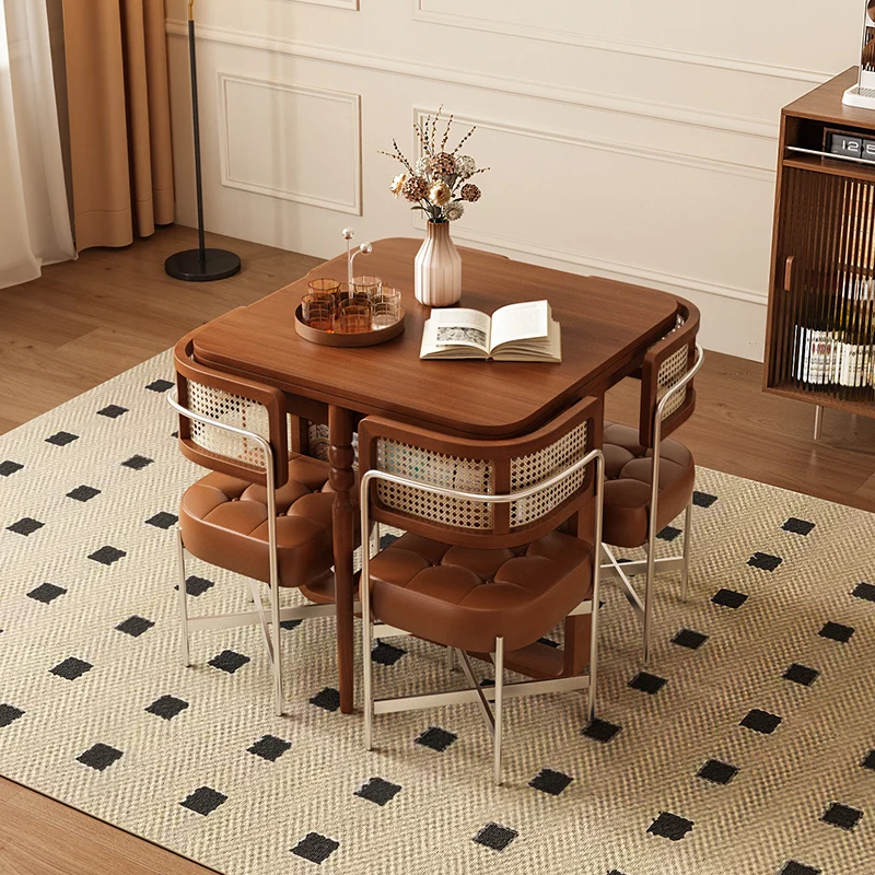 Solid wood folding dining table household French retro retractable storage dining table and chair combination small apartment